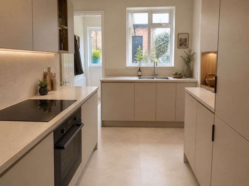 The same compact kitchen after a warm neutral redesign