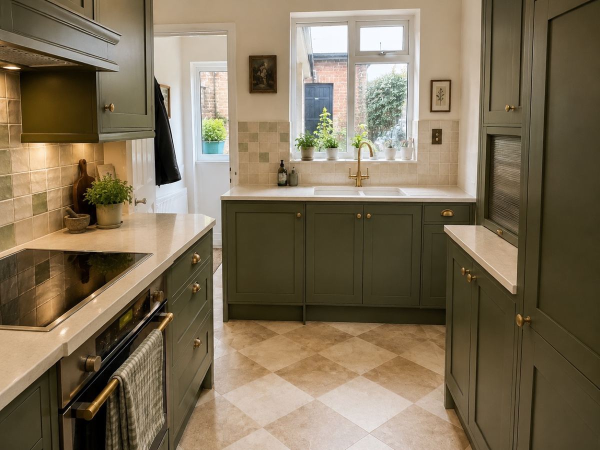 Heritage Shaker kitchen in deep artichoke green with aged-brass hardware, a cream quartz worktop, handmade-look tiles and a tobacco-and-cream checkerboard floor.