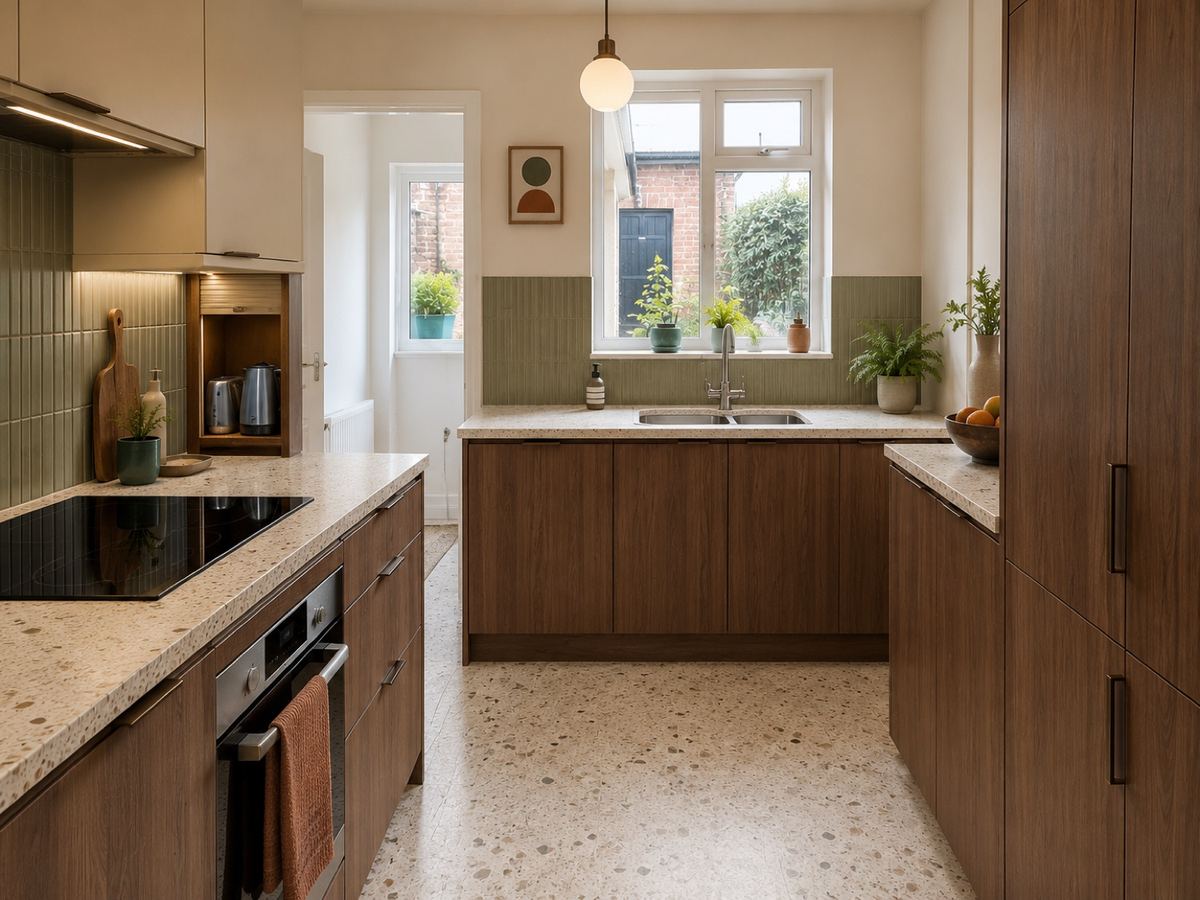 Neo-mid-century kitchen with walnut slab-front cabinets, a full walnut appliance wall, off-white upper units, brushed-metal accents and a terrazzo-look floor.