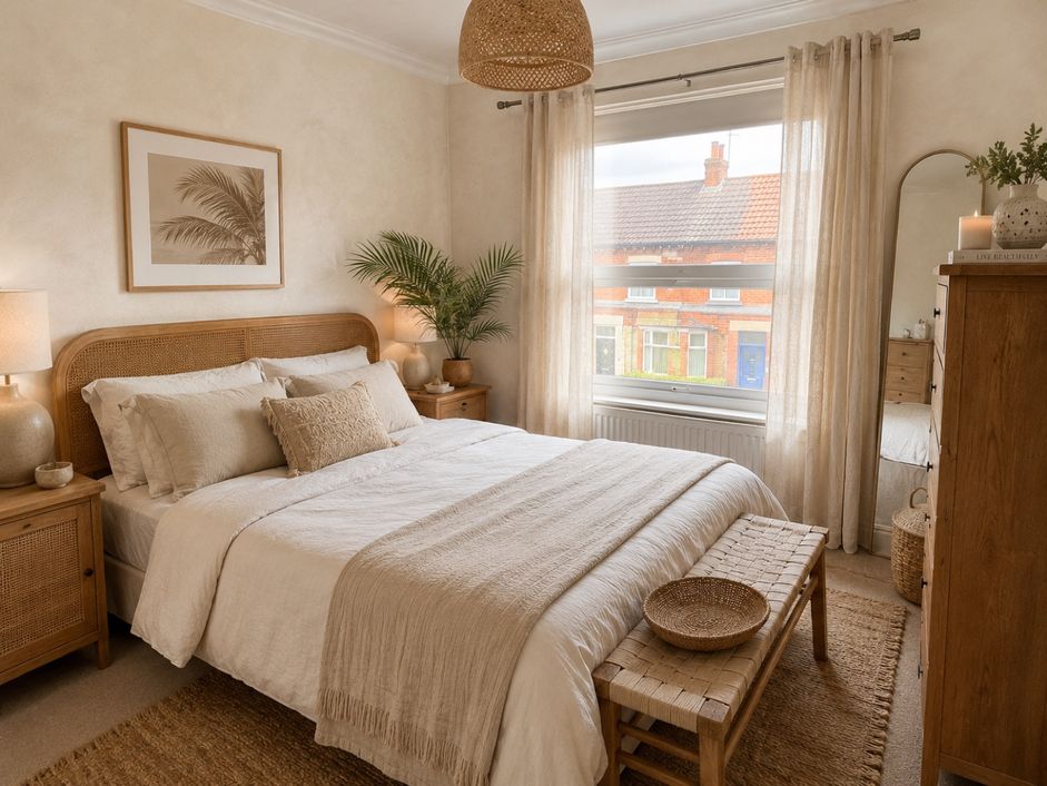 The same bedroom after a layered warm natural redesign