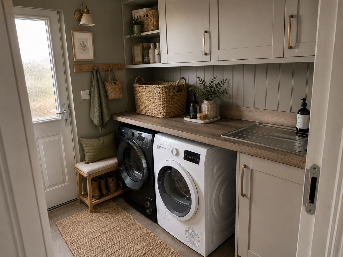 Sage-grey utility room with vertical wall panelling, a slim bench with shoe storage, timber peg rail, woven baskets and brushed brass hardware.