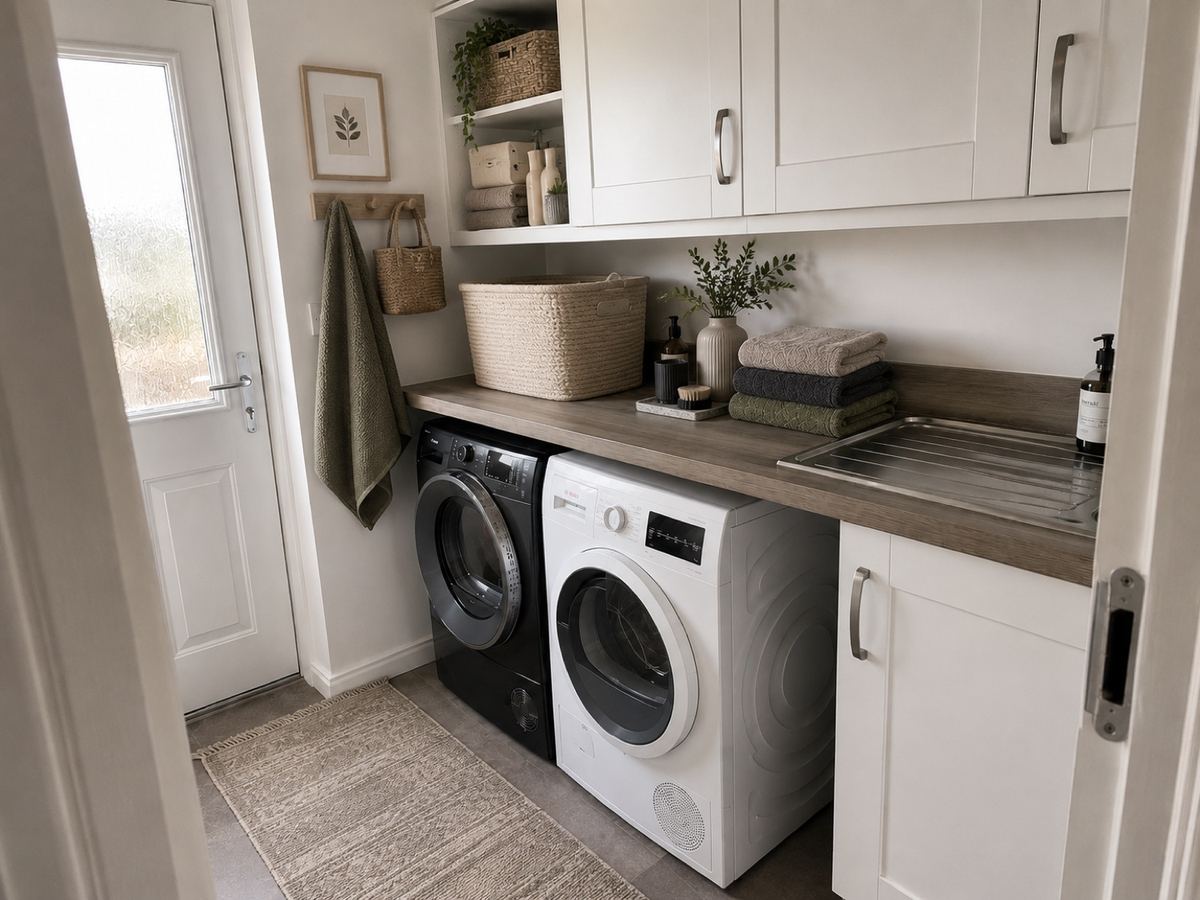 Compact utility room refreshed with a neutral woven runner, coordinated towels, natural baskets and simple botanical decor, keeping the existing cabinetry.