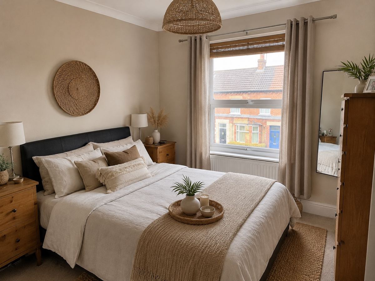 Bedroom refreshed with layered linen bedding, woven decor, a rattan pendant, bamboo blind and natural textures, keeping the original furniture.
