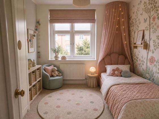 Small British child's bedroom transformed with whimsical pastel decor, mural-style wall treatment, cosy bed, toy storage and playful shelves.