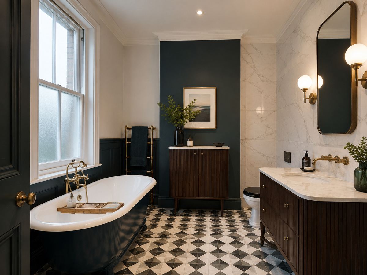 Luxury Victorian British bathroom renovation with Art Deco influence, freestanding bath, fluted vanity, brass fittings, marble-look tile and deep blue-green accents.
