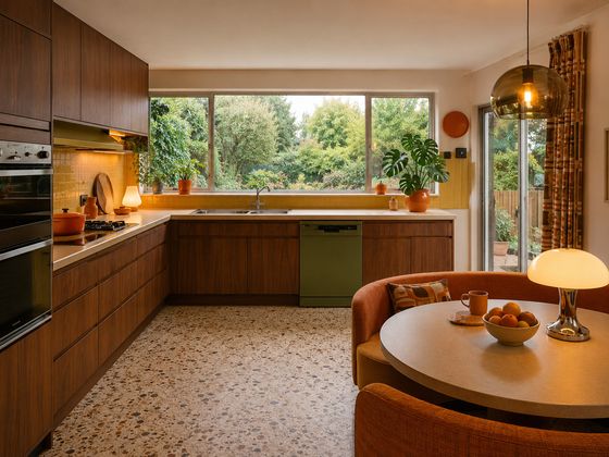 1970s British semi-detached kitchen-diner redesigned in a 70s Revival style with walnut cabinetry, cream worktops, retro flooring and warm orange accents.