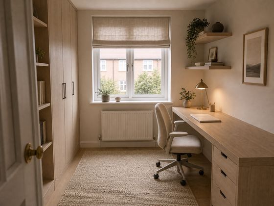 Small British home office redesigned in warm minimalism with a pale oak built-in desk, floating shelves, linen blind and calm neutral palette.