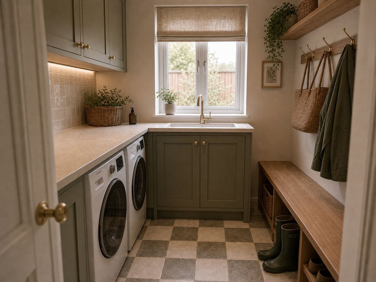 Compact British utility and laundry room redesigned with sage cabinetry, integrated appliance run, boot bench, peg rail, baskets and warm practical lighting.