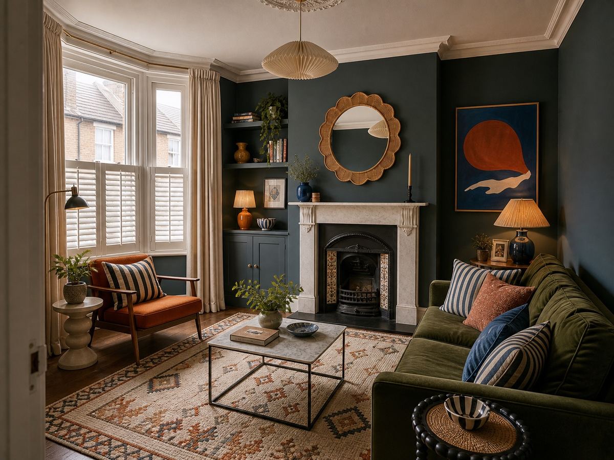 Modern British Eclectic Victorian terrace living room with colour-drenched walls, fireplace, striped cushions, patterned rug and playful ceramics.