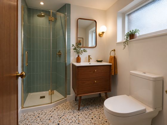 Small British shower room redesigned in a mid-century modern style with walnut vanity, terrazzo-look floor, muted teal tile and warm globe lighting.