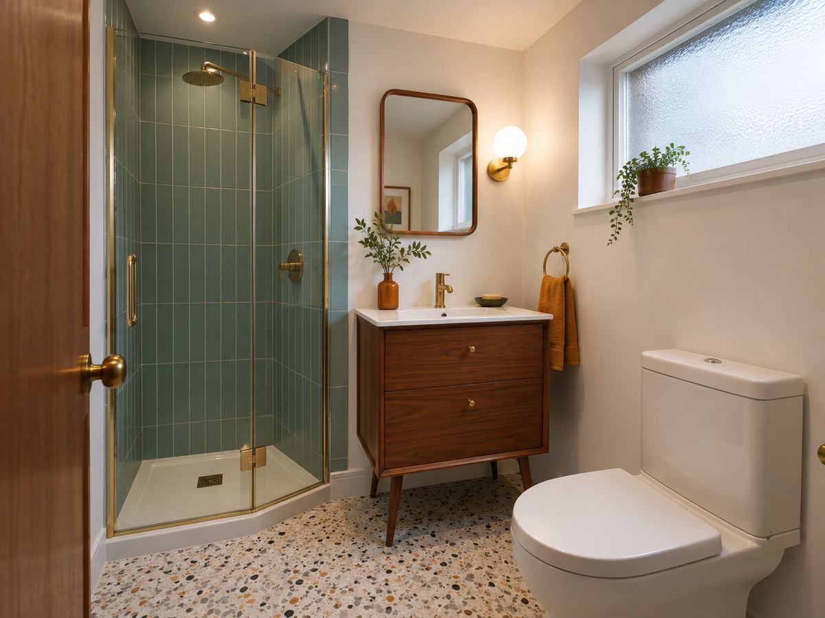 Small British shower room redesigned in a mid-century modern style with walnut vanity, terrazzo-look floor, muted teal tile and warm globe lighting.