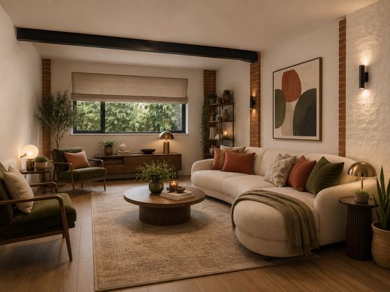 Garage converted into a warm modern living room with a curved cream sectional sofa, olive-green accent chairs, rust cushions, a wide window, natural wood furniture and contemporary artwork.