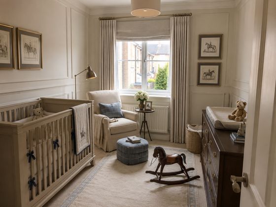 British home office converted into a luxury modern classic nursery with an elegant cot, dark wood changing dresser, cream nursing chair, blue plaid ottoman, equestrian artwork, wall panelling and tailored window treatments.