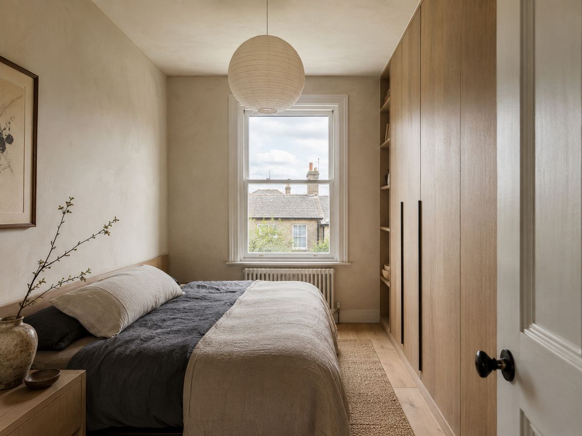 Compact British bedroom redesigned in Japandi style with light oak furniture, linen bedding, calm neutrals and uncluttered storage.