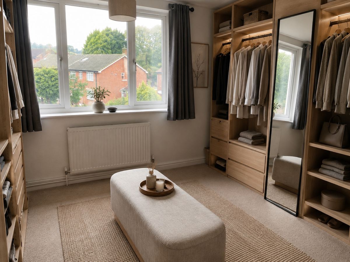 Serene Japandi walk-in wardrobe with light oak open storage, neutral tones, integrated lighting, a full-length mirror and a minimalist upholstered bench.