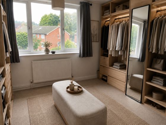 Serene Japandi walk-in wardrobe with light oak open storage, neutral tones, integrated lighting, a full-length mirror and a minimalist upholstered bench.