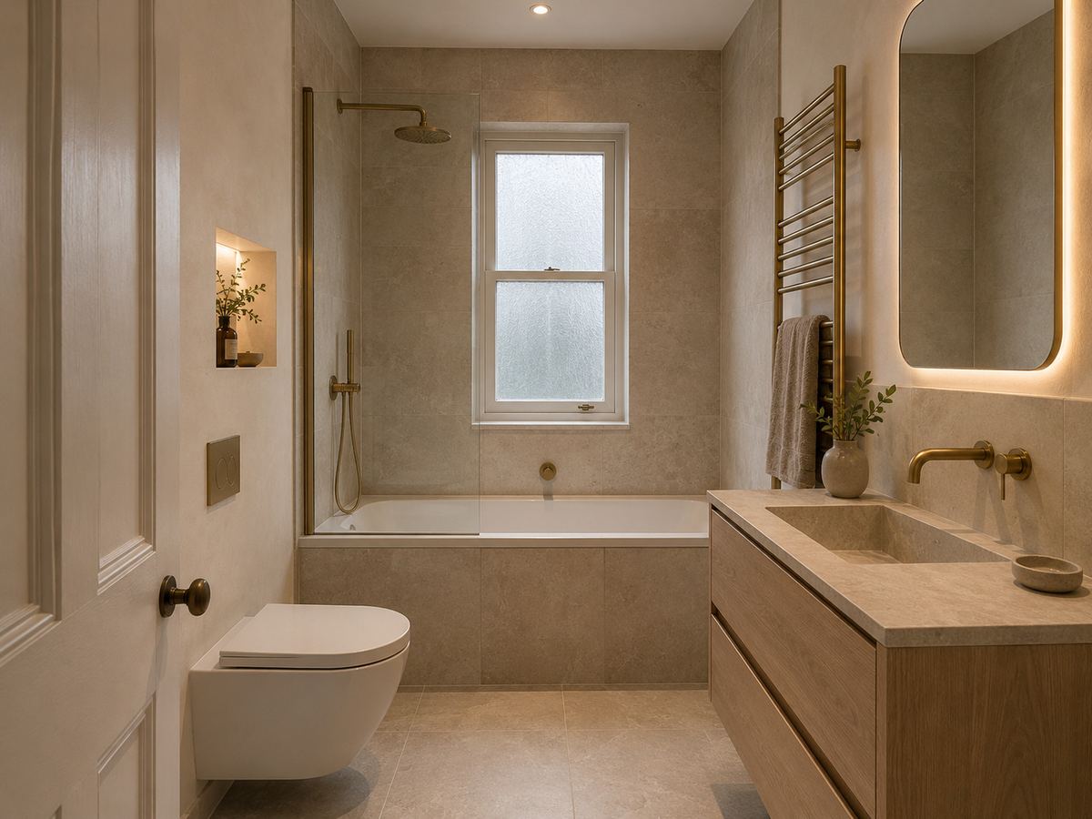 Compact British bathroom remodelled with warm stone tiles, a pale oak vanity, brass fixtures, frameless bath screen and integrated lighting.