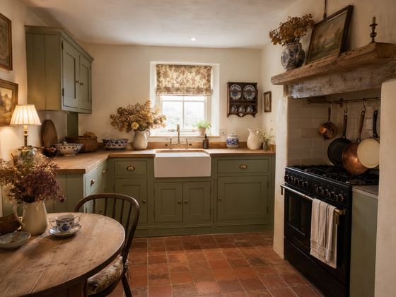 English Country cottage kitchen with sage Shaker cabinetry, warm worktop, brass pulls, handmade tiles, terracotta floor and a small breakfast table.