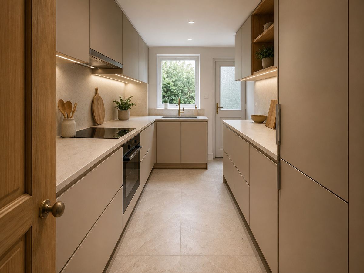 Warm minimalist small British galley kitchen with mushroom cabinetry, integrated appliances, stone worktop and warm under-cabinet lighting.