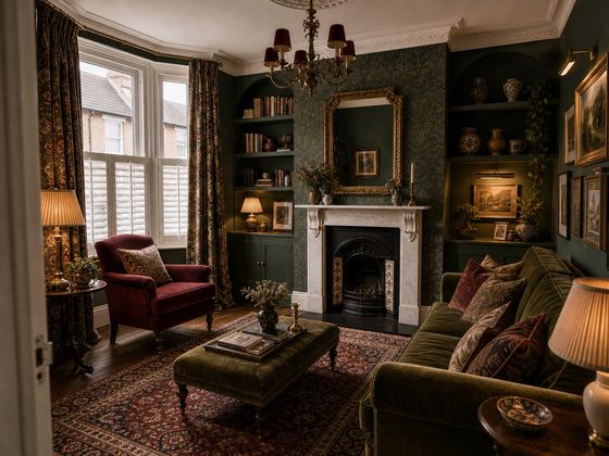 Victorian terrace living room remodelled in Heritage Maximalist style with deep green walls, fireplace, alcoves, velvet sofa and layered art.