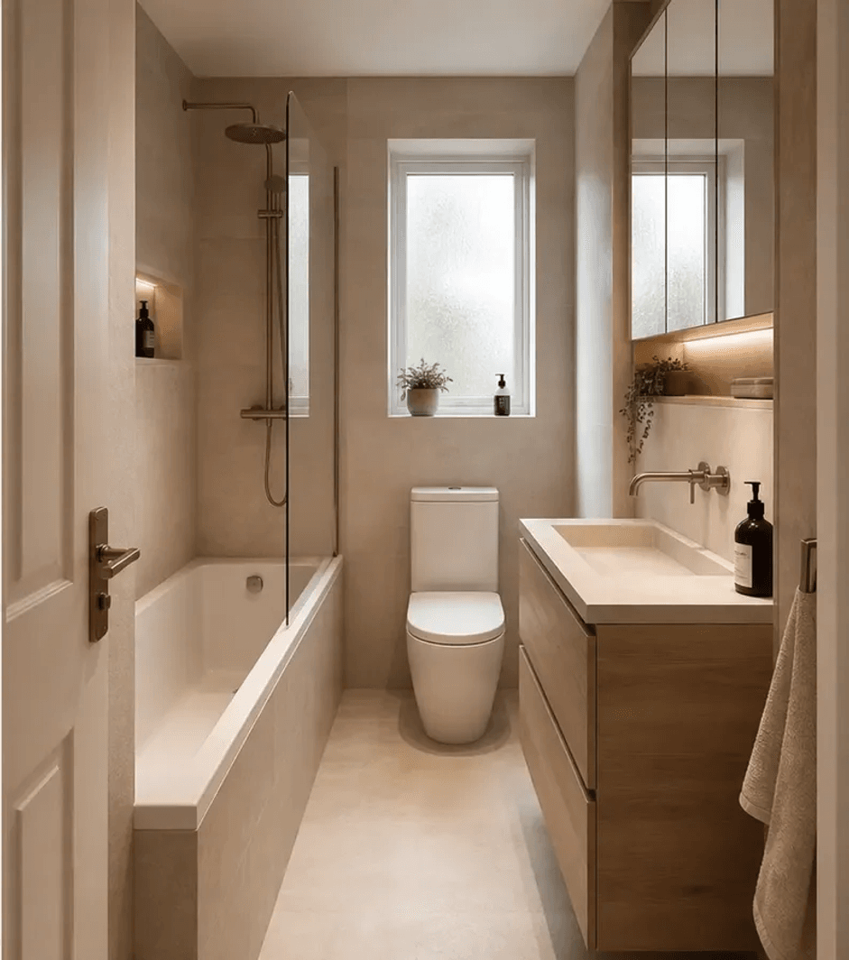 The same narrow bathroom after a warm stone and timber redesign