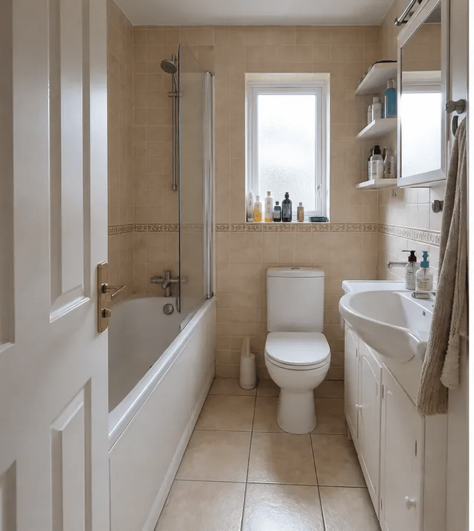 A narrow beige bathroom before redesign