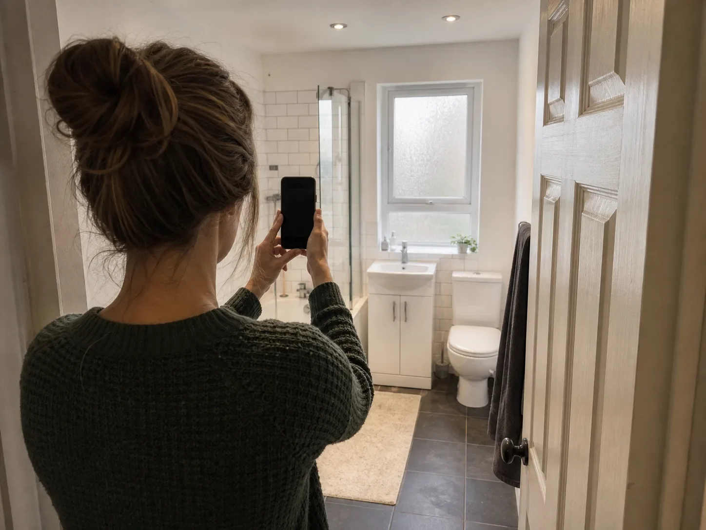 A homeowner safely photographing a small bathroom from its open doorway