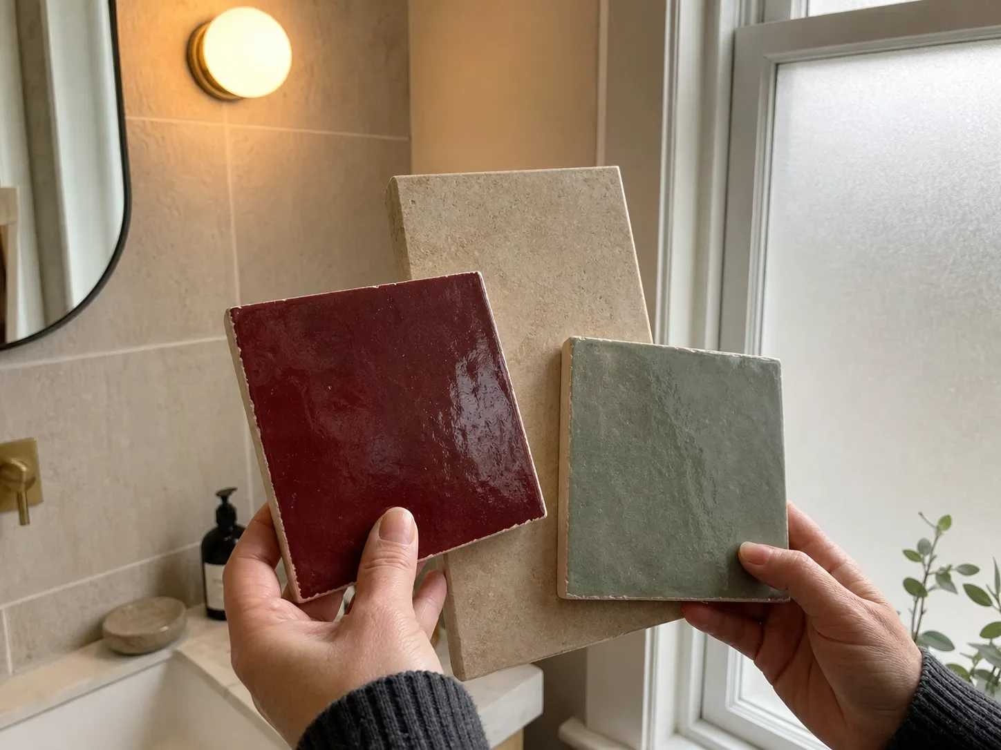 Hands comparing oxblood, sage and limestone bathroom tile samples
