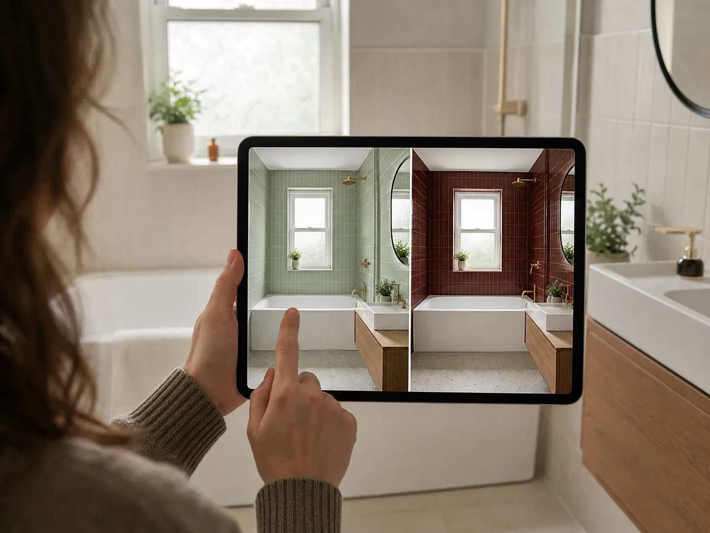 A tablet comparing sage and oxblood bathroom redesigns
