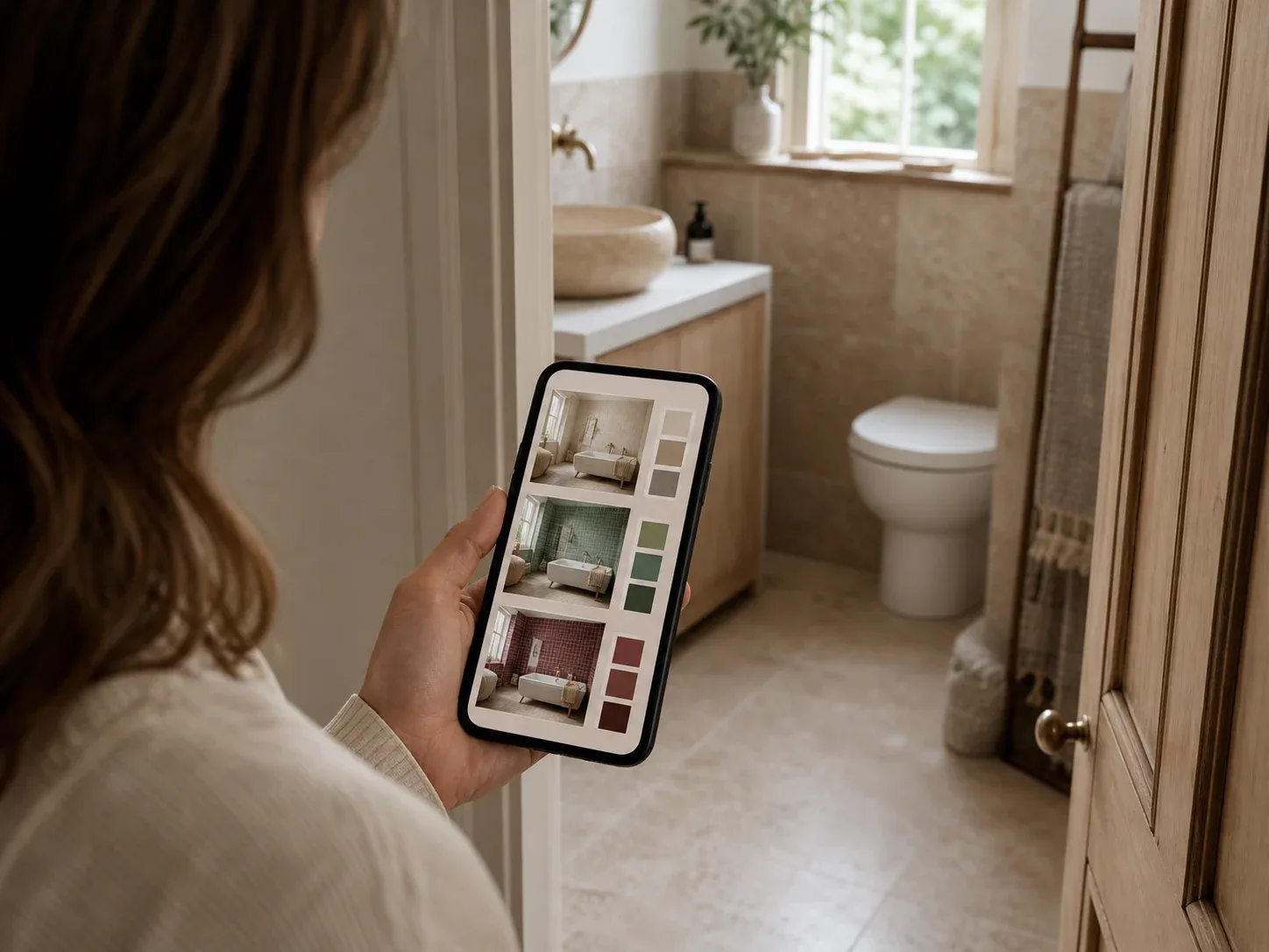 A homeowner choosing bathroom design directions on a smartphone