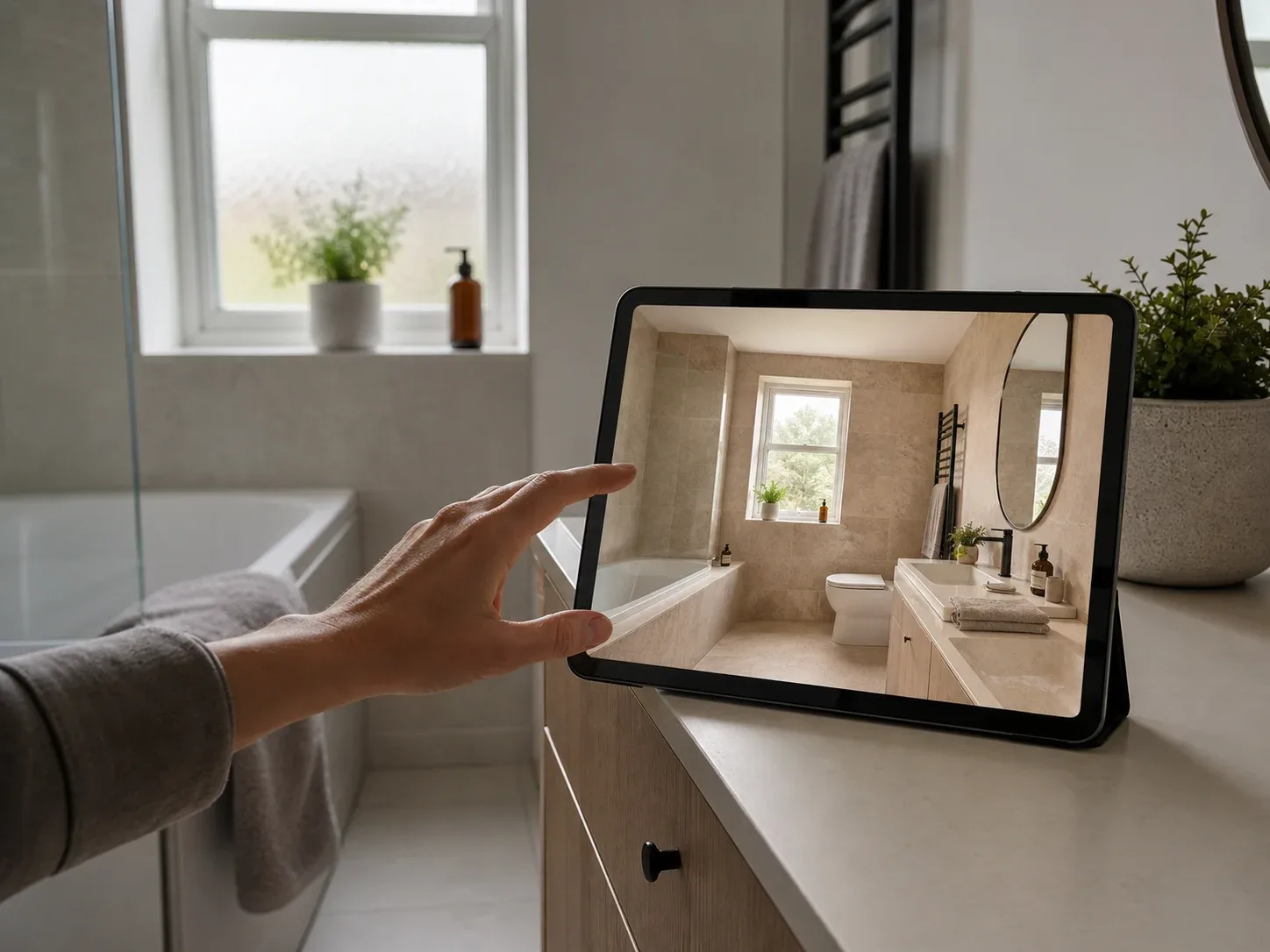 A tablet showing an AI-generated bathroom redesign
