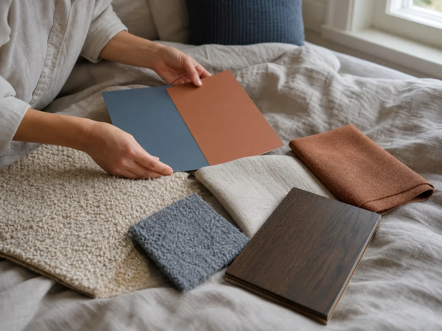Hands arranging blue and clay colour cards, textiles and timber on a bed