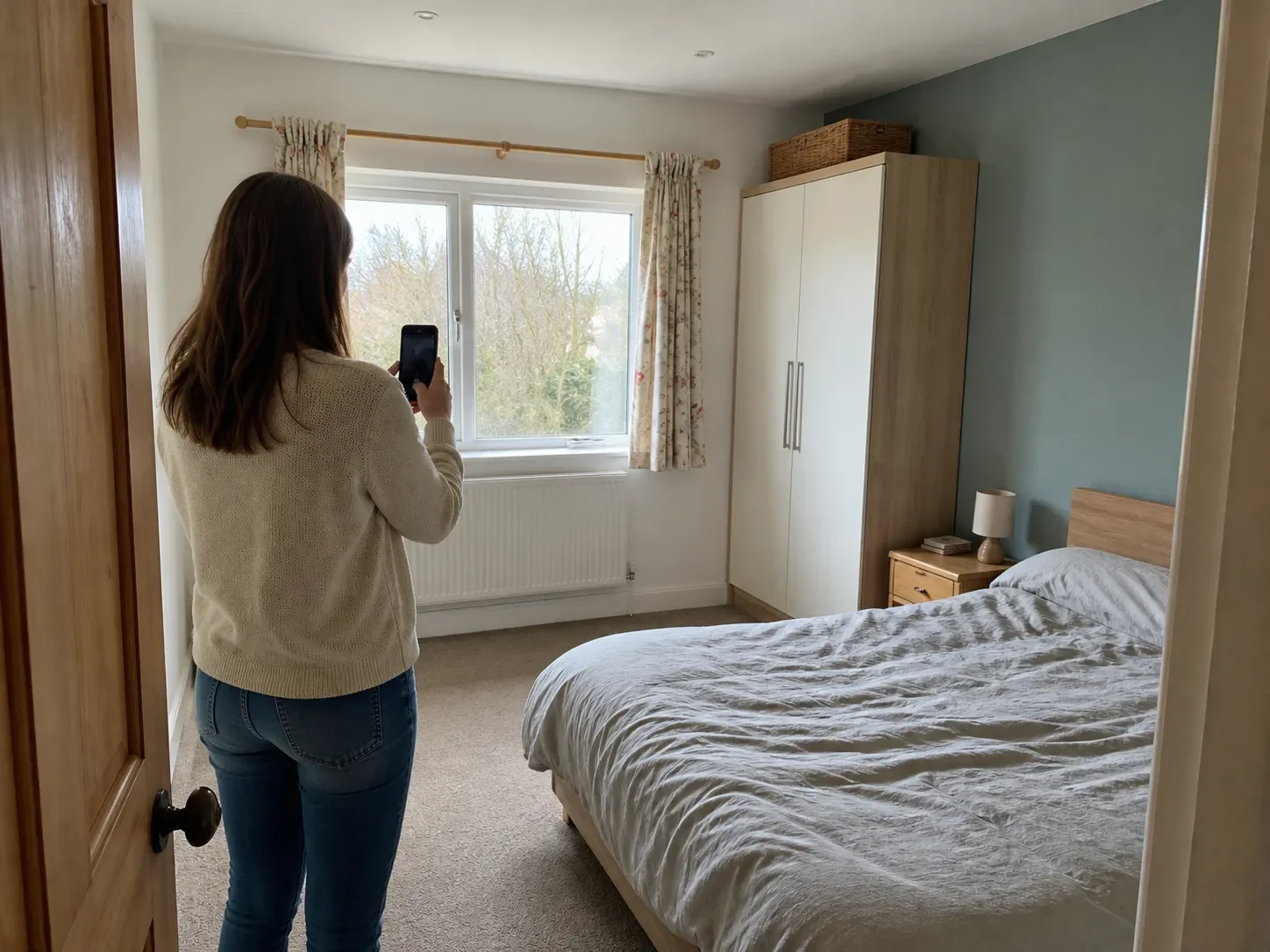 A homeowner photographing a bedroom from the doorway at eye level