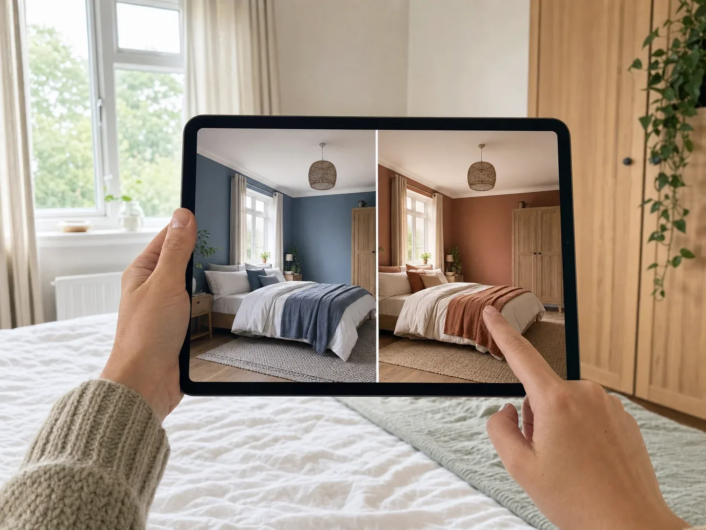 A tablet comparing blue and warm clay bedroom redesigns
