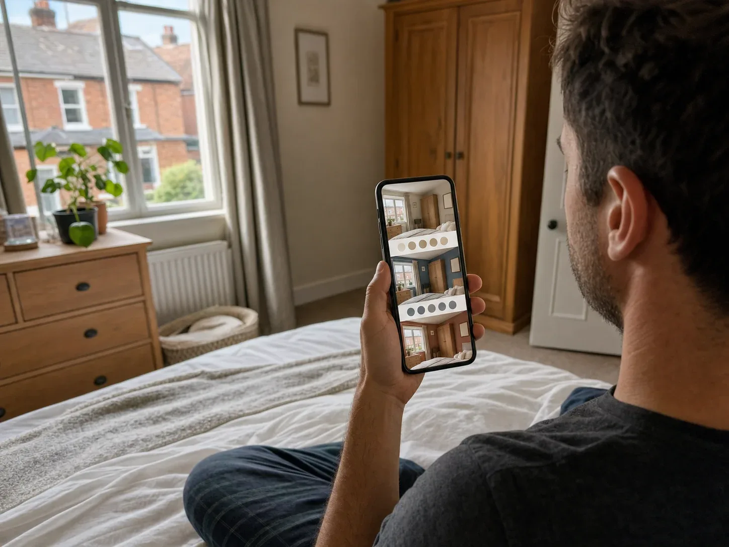 A homeowner choosing bedroom design directions on a smartphone