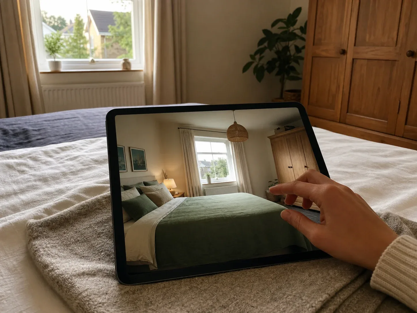 A tablet showing an AI-generated bedroom redesign
