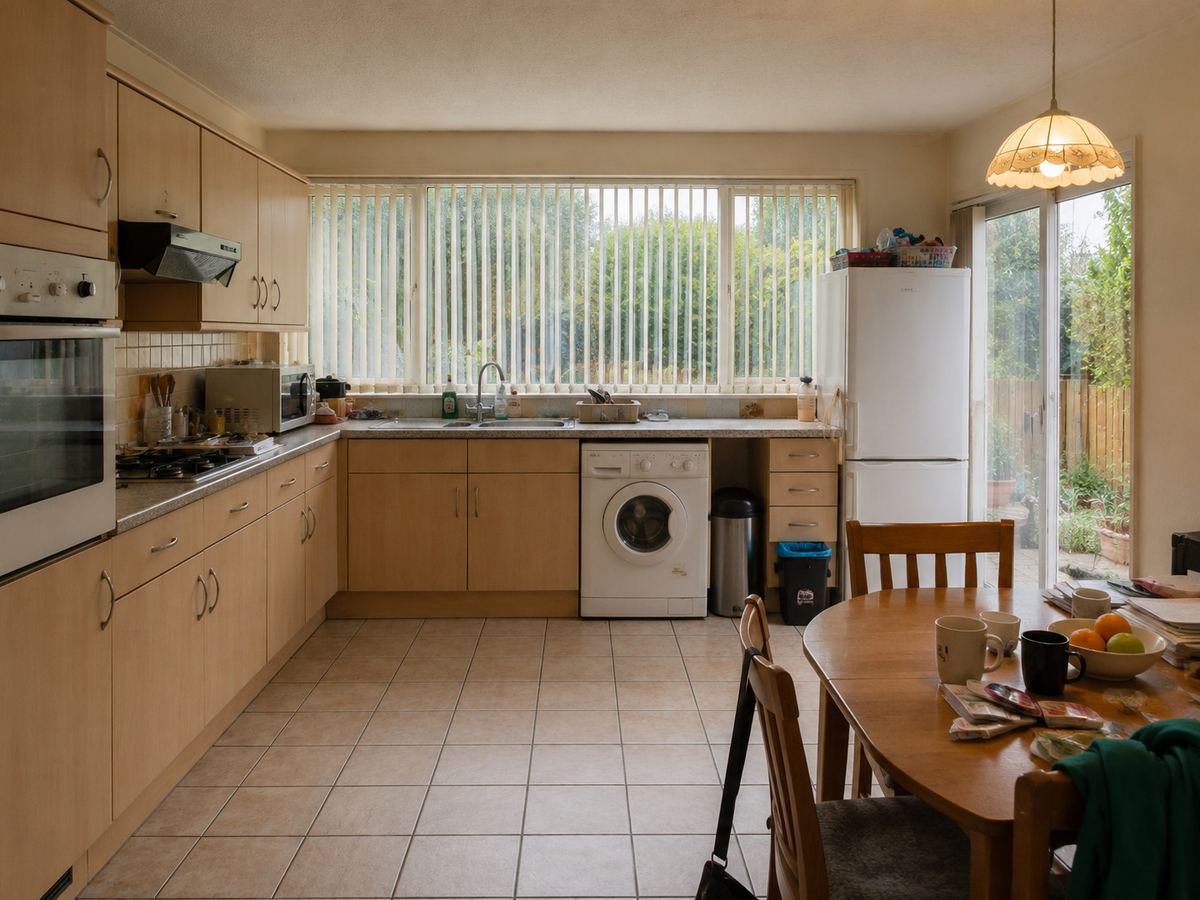 Dated 1990s update of a 1970s British semi-detached kitchen-diner with beech-effect laminate units, freestanding appliances, patio door and cluttered dining table before makeover.