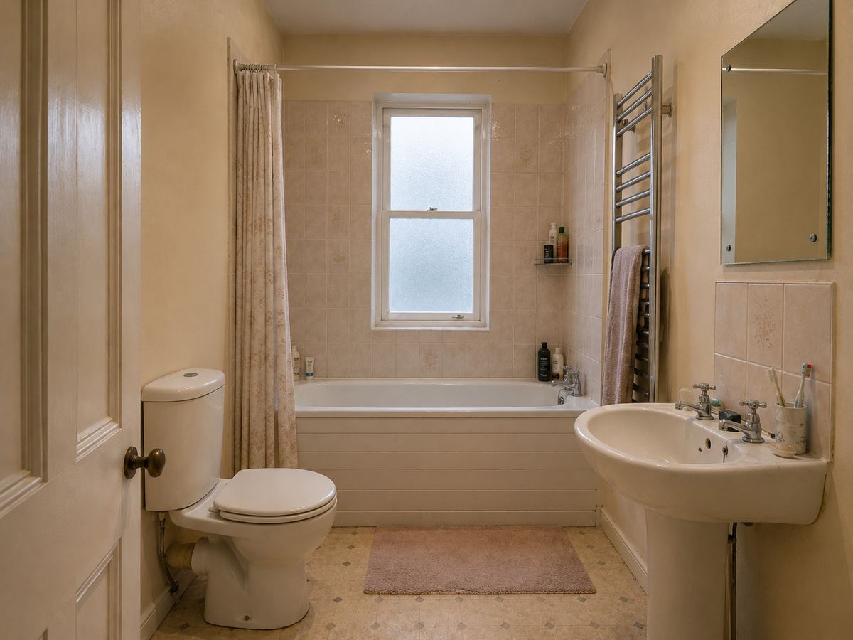Dated compact British bathroom with beige tiles, a pedestal basin, toilet, bath and chrome towel rail before its remodel.