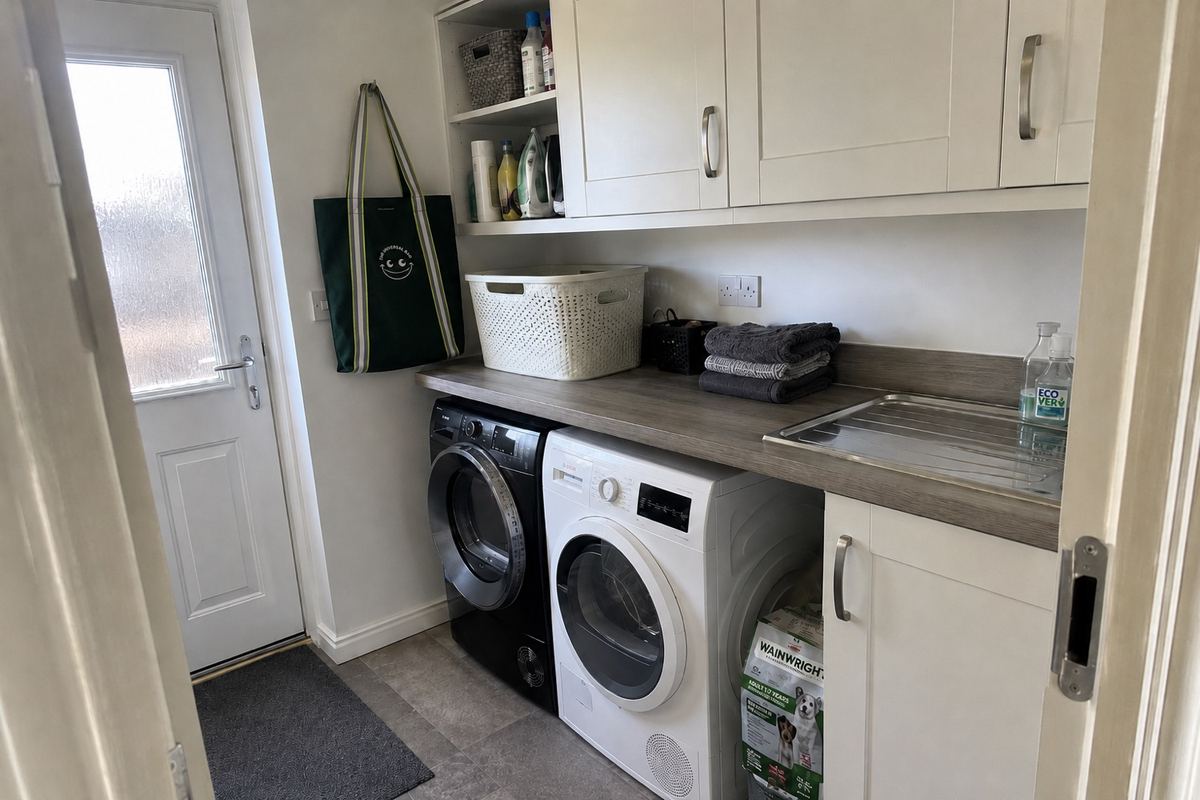 Original compact British utility room with white cabinetry and a washing machine before its makeover.