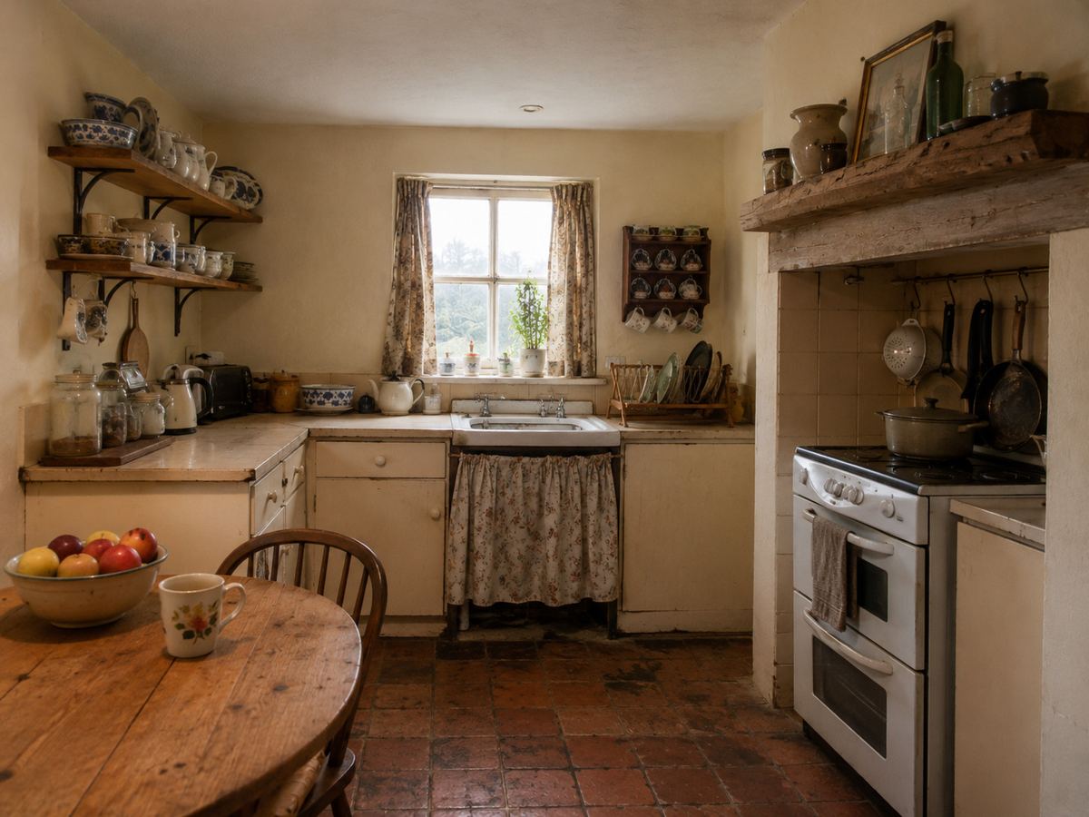 Tired British cottage kitchen with an L-shaped layout, small window over the sink, cooker in a chimney-breast recess, worn quarry floor and cluttered open shelves before makeover.