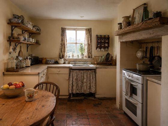 Tired British cottage kitchen with an L-shaped layout, small window over the sink, cooker in a chimney-breast recess, worn quarry floor and cluttered open shelves before makeover.