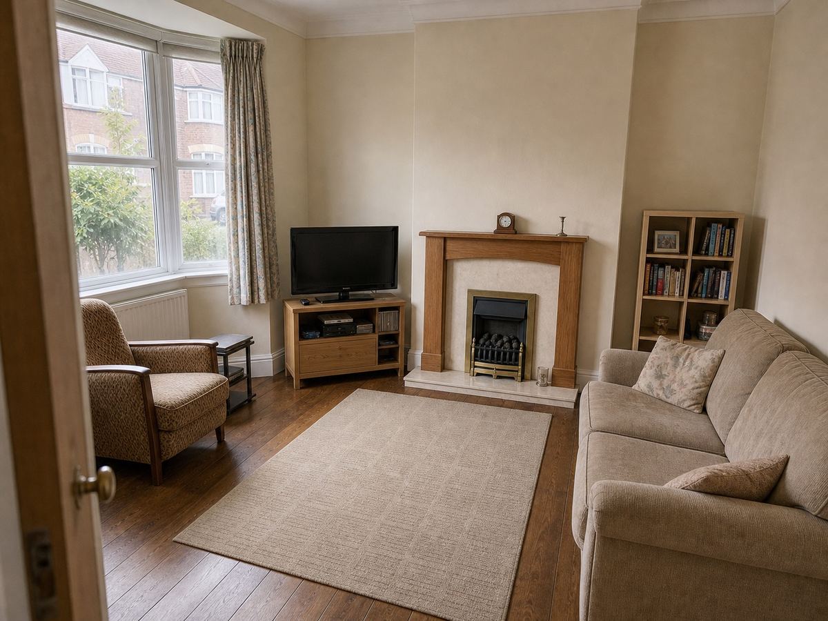 Plain magnolia Victorian terrace living room with bay window, fireplace, beige sofa and dated curtains before its remodel.
