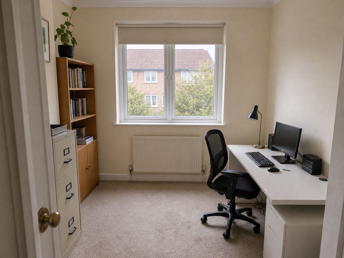 Small British home office with a basic flat-pack desk, visible cables, mismatched storage, radiator and uPVC window before redesign.
