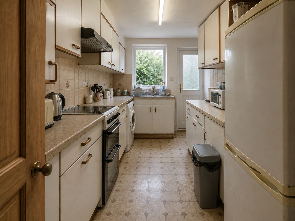 Dated narrow British galley kitchen with white laminate units, visible appliances, beige splashback and old vinyl floor before its remodel.