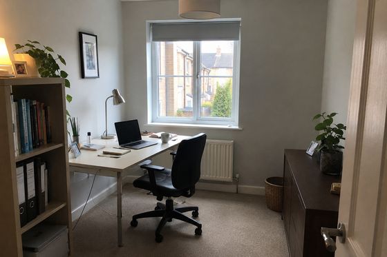 Compact British home office with a desk, office chair, bookcase and storage furniture before its conversion.