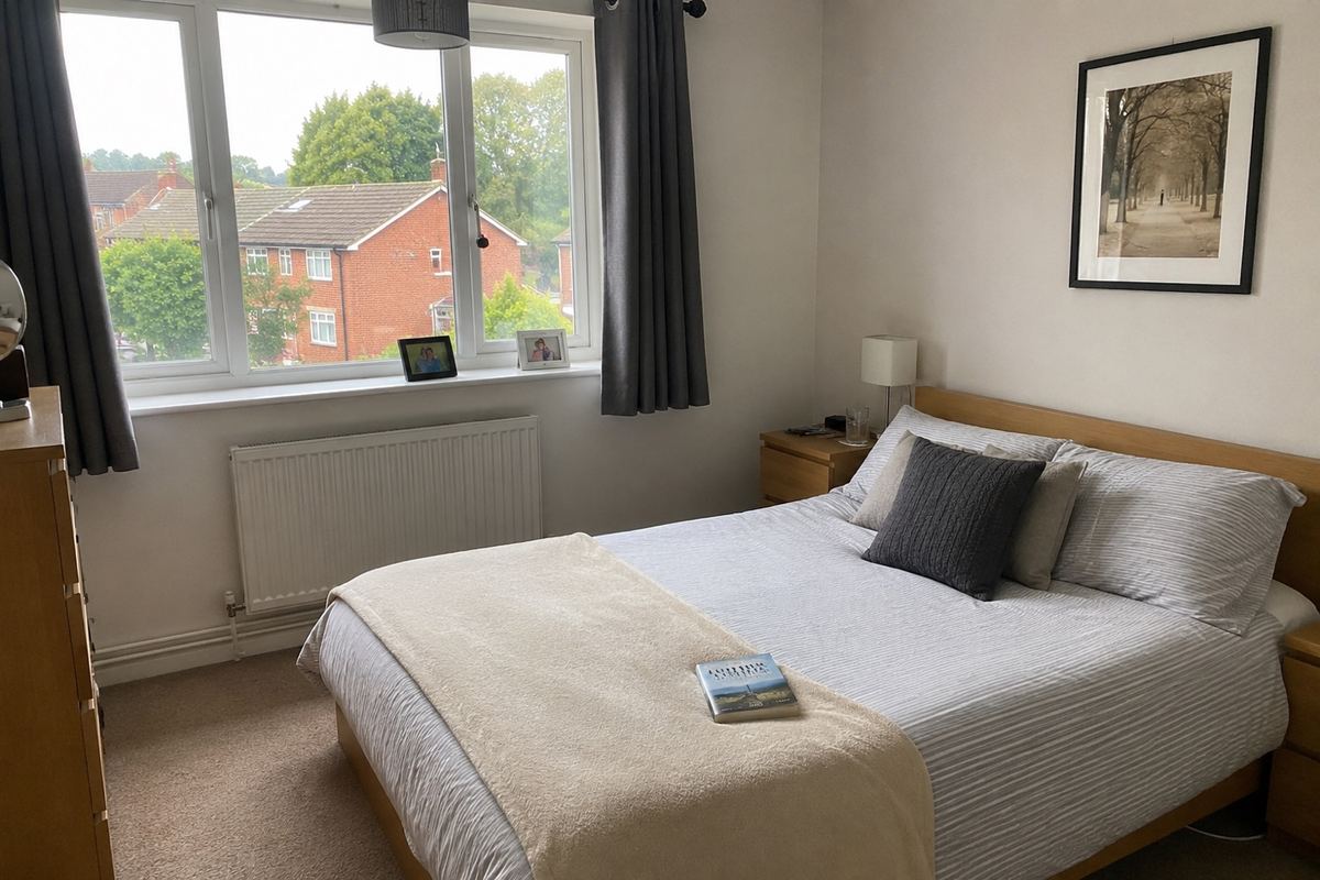 British spare bedroom with neutral walls before its conversion.