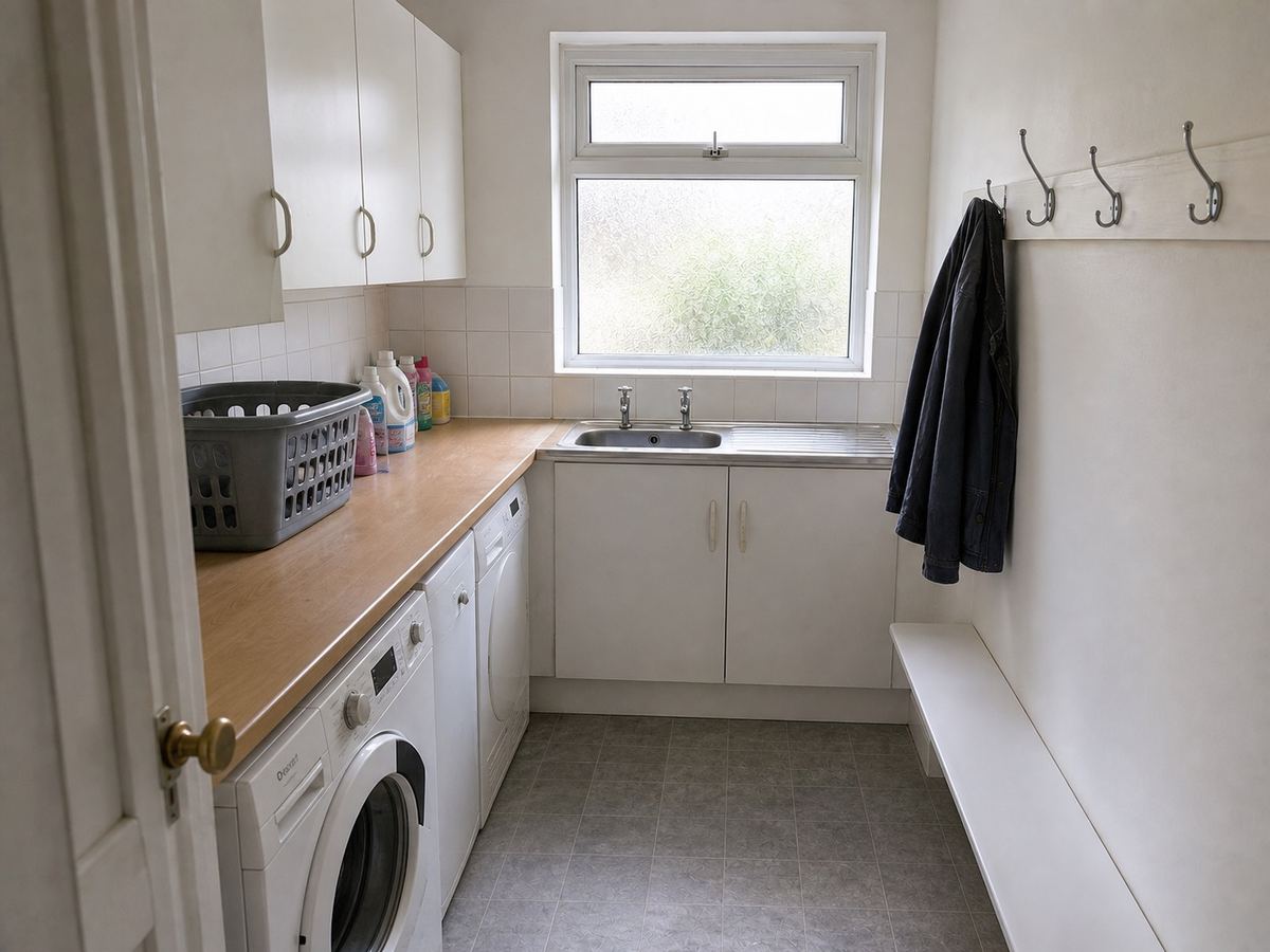 Plain compact British utility room with exposed appliances, white cupboards, old vinyl floor, sink and small window before redesign.