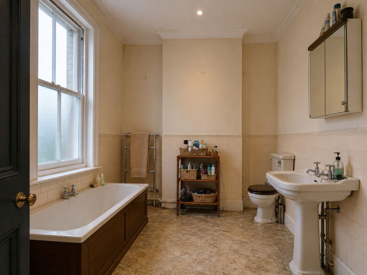Outdated larger Victorian British bathroom with a tall sash window, built-in bath, pedestal basin, toilet, cream half-height tiles and tired flooring before renovation.