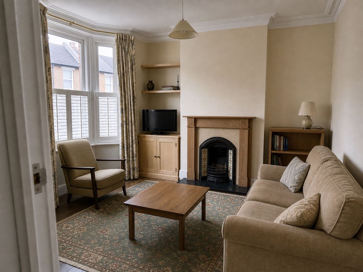 Plain Victorian terrace living room with bay window, fireplace, alcoves and dated beige furniture before its heritage remodel.
