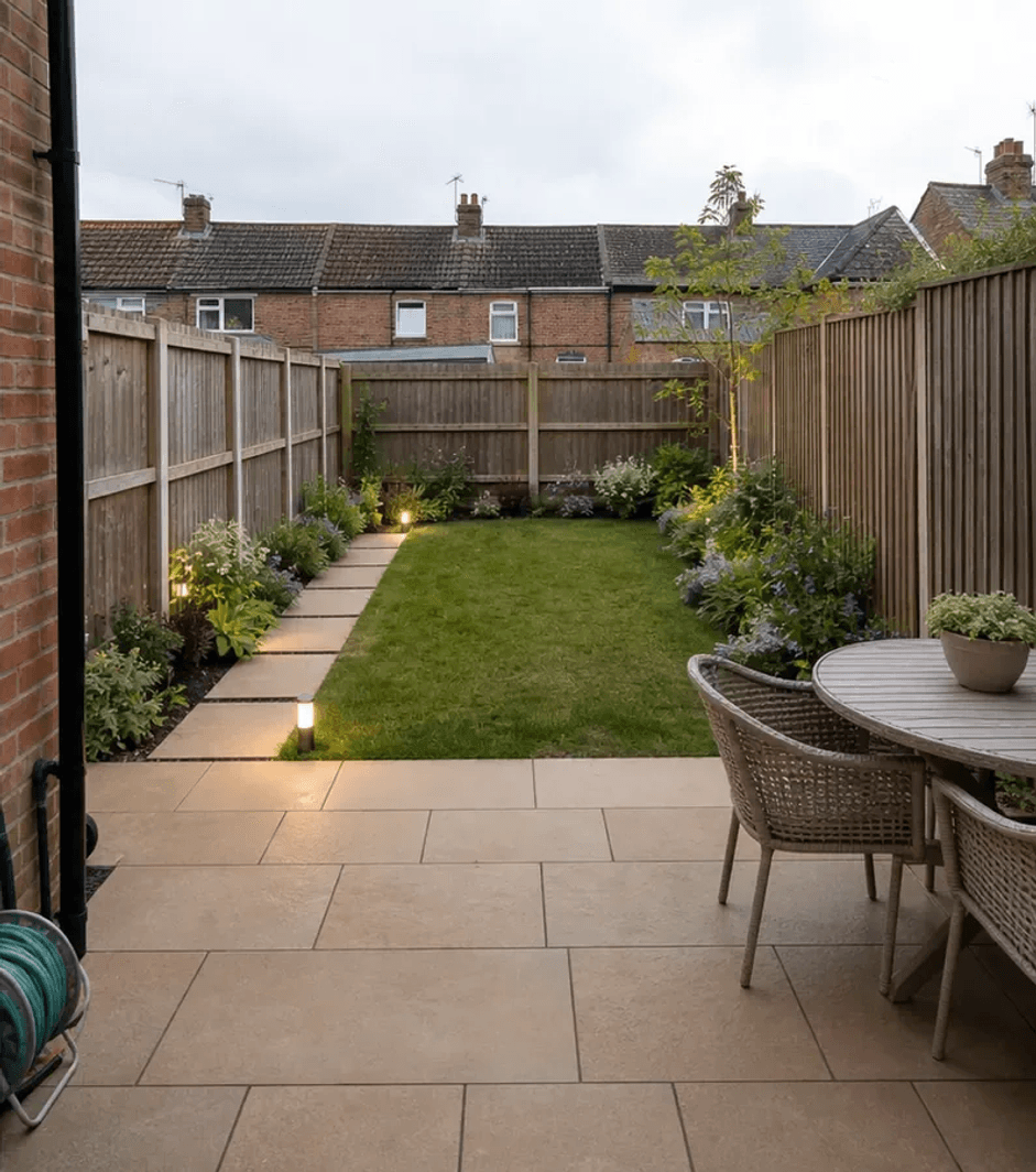 The same back garden with a restrained patio, path and planted borders